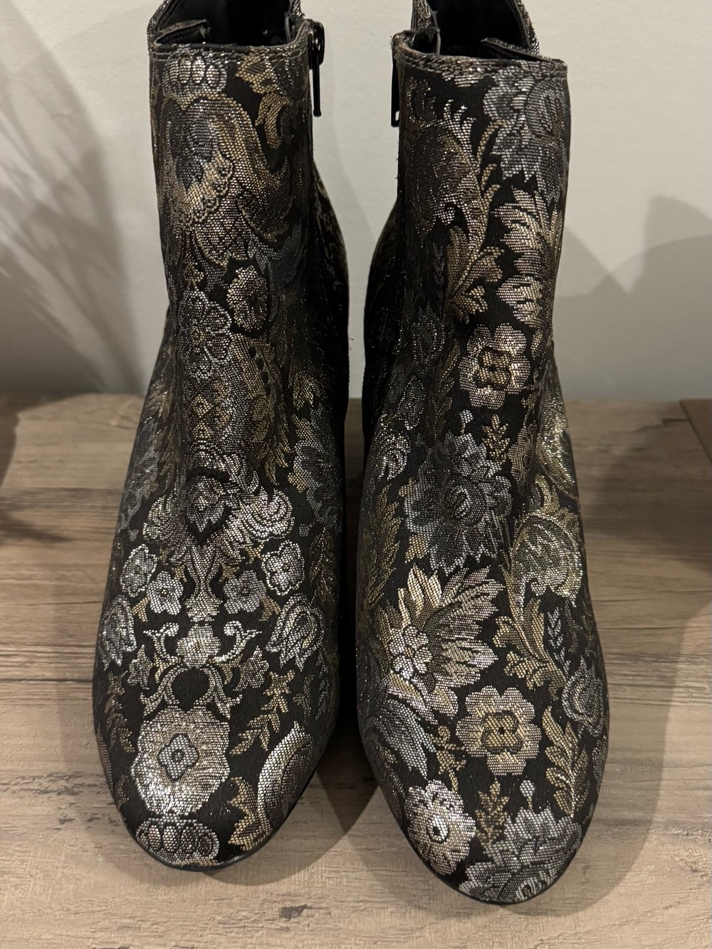 Aldo Metallic Black Floral Ankle Boots - Women's